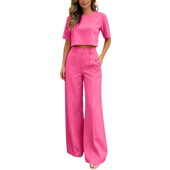 Bovxnpu 2 Piece Lounge Set for Women Short Sleeve Crop Top High Waist Wide Leg Pants 2Pc Set