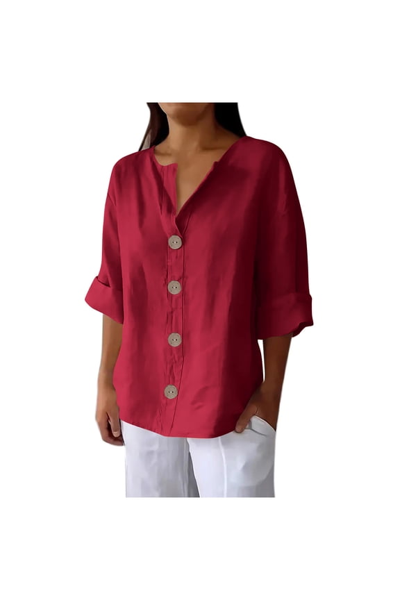 3/4 Length Sleeve Womens Tops, Cotton Dressy Casual Blouses for Women, Women's Solid Color V-neck Quarter 3/4 Sleeve Loose And Linen Button Up