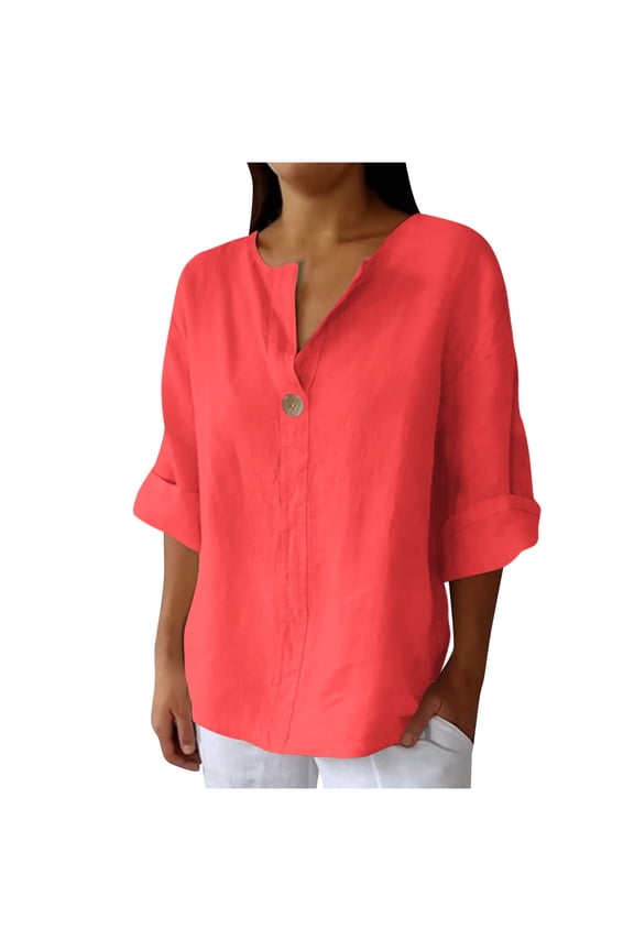 3/4 Length Sleeve Womens Tops, Cotton Dressy Casual Blouses for Women, Women's Solid Color V-neck Quarter 3/4 Sleeve Loose And Linen Button Up
