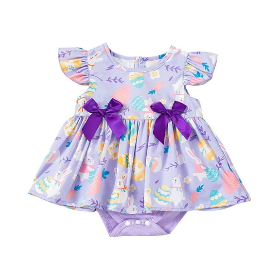 Bovxnpu Baby Girl Bodysuit, Infant Baby Cotton Bodysuits, Easter Girl's Dress With Flying Sleeves Bow Easter Print Short Sleeved Short Crawling Dress 3 Months
