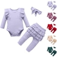 thumbnail image 1 of Bovxnpu Baby Girl's 3pc Short Sleeve Romper and Short Set Baby Solid Ruffled Sleeve Long Sleeve Ribbed Romper Pants Headband 3-Piece Ruffled Pant Sets Summer 2 Piece Outfits, 1 of 7