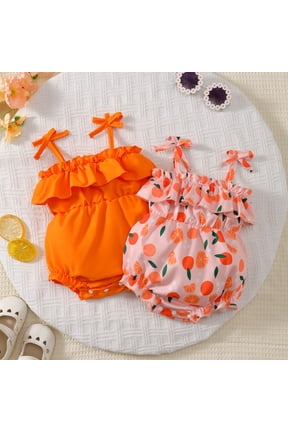 Baby Girls' Bodysuits 2PC Short Sleeve Orange Graphic Infant Bodysuit Ruffled Sling Style Summer Summer Outfits