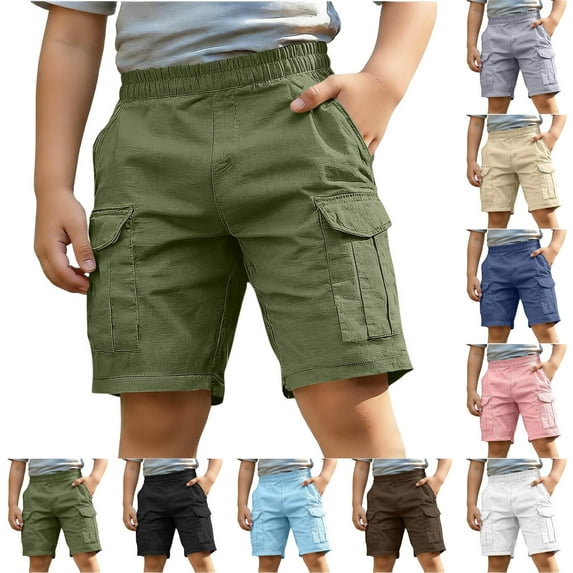 Bovxnpu Boys Cargo Shorts Pull-On Hiking Shorts Cargo Pocket Cotton Linen Shorts Elastic Waist School Shorts