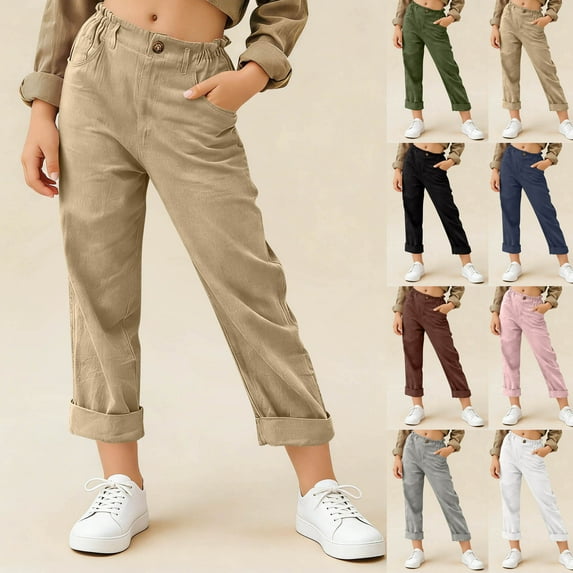Bovxnpu Boys Dress Pants School Uniform Pants Linen Cotton Girls Straight Capris Pants