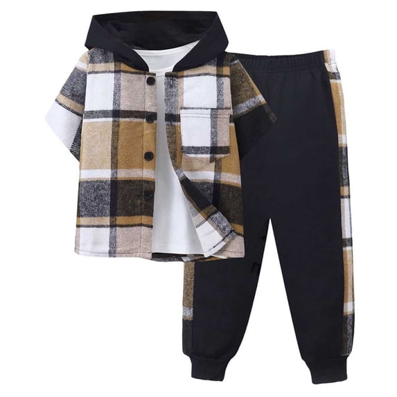 Bovxnpu Boys Girls Clothing Set Plaid Hooded Short Sleeve Top and Long Pants Casual Wear Outfits