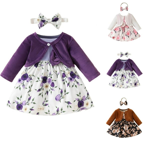 Bovxnpu Boys Girls Outfits Set 2 Piece Loungewear Set, Girls Long Sleeved Cropped Cardigans Outerwear Sleeveless Skirt Headband Three Piece Set Flower Bow Print Skirt 9 Months