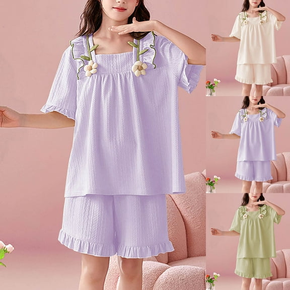 Bovxnpu Boys Girls Pajamas, Big Girls' Summer Short Sets Sleepwear Loungewear, Children's Summer Solid Color Thin Home Clothing With Ruffle Short Sleeve Round-Neck Blouses For Kids 6-7 Years