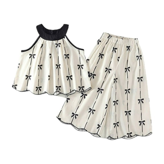 Bovxnpu Boys Girls Pajamas, Girls' Cotton Tank Top and Short 2 Piece Lounge Set, 3-8year Girl Casual Sleeveless Floral Hanging Neck Top Wide Leg Pants Two-piece Set Round Neck Set 3-4 Years