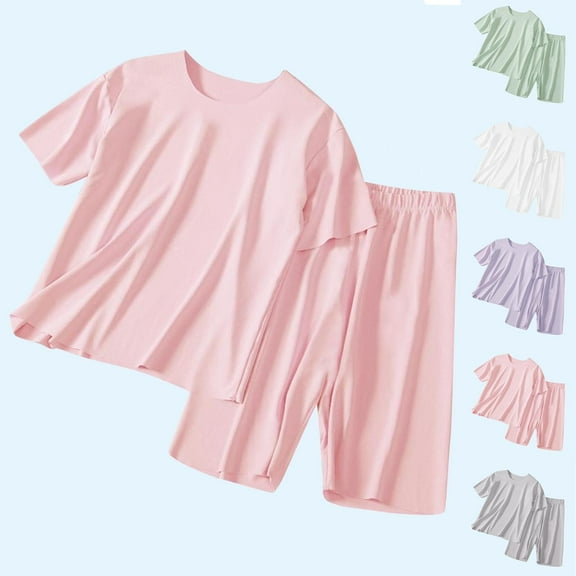 Bovxnpu Boys Girls Pajamas, Girls Summer Short Sets Sleepwear Clothes Sets, Children's Solid Color Short Sleeved Round Neck Top Elastic Waist Pants Summer Casual Home Suit Set 2 Years