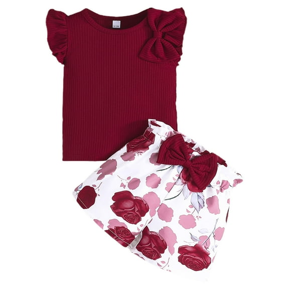 Bovxnpu Boys Girls Summer Outfits 2 Piece, Baby Girls Clothes Cute Ruffle Sleeve T-Shirt and Floral Printed Shorts Set, Children's Solid Color Bow Fly Sleeve Floral Shorts Two-piece Set 6 Months