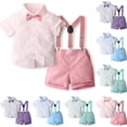 thumbnail image 1 of Bovxnpu Boys Girls Summer Outfits 2 Piece, Boys Bowtie Dress Shirt Suspenders Shorts Summer Formal Suits, Boys' Fashion Stripe Printed Bow Shirt Strap Shorts Short Sleeve Collar Set 4 Years, 1 of 10
