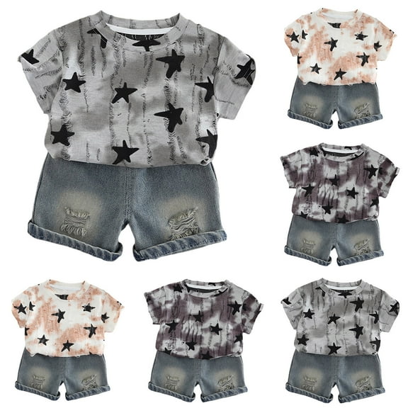 Bovxnpu Boys Girls Summer Outfits 2 Piece, Boys Cotton Short Sleeve T-Shirt and Short Set, Children's Fashion Tie Star Ripped Denim Shorts Two-piece Set Short Sleeved Round Neck Shirt Set 5-6 Years