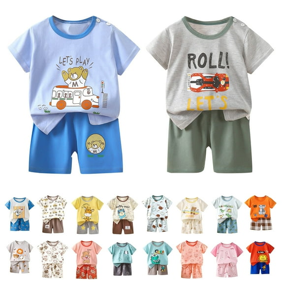 Bovxnpu Boys Girls Summer Outfits 2 Piece, Boys Cotton Short Sleeve T-Shirt and Short Set, Fashion Girls' Casual Short Sleeve Round Neck Collar Botton Printed Short Pants Sets 6 Years