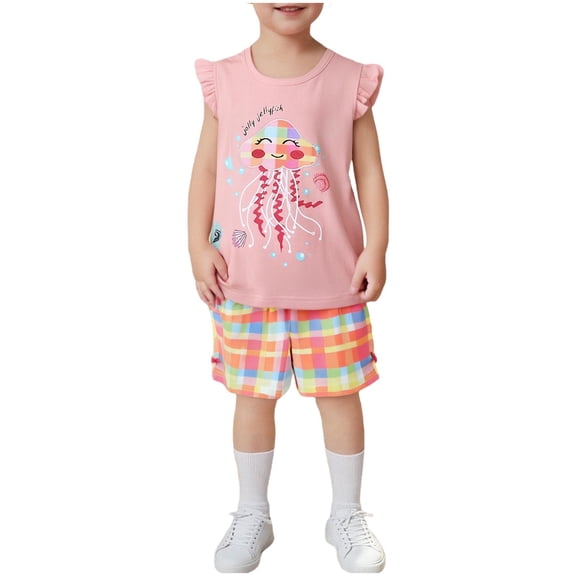 Bovxnpu Boys Girls Summer Outfits 2 Piece, Girls Cotton Graphic Tee Ruffle Sleeve Top and Floral Print Shorts Set, Children's Printed Flying Sleeve Elastic Waist Shorts Summer Casual Set 5 Years