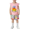 thumbnail image 1 of Bovxnpu Boys Girls Summer Outfits 2 Piece, Girls Cotton Graphic Tee Ruffle Sleeve Top and Floral Print Shorts Set, Children's Printed Flying Sleeve Elastic Waist Shorts Summer Casual Set 5 Years, 1 of 3