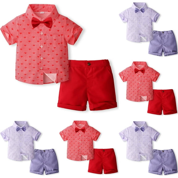 Bovxnpu Boys Girls Summer Outfits 2 Piece, Girls Cotton Short Sleeve Shirt Top and Shorts Set, 1-5 Years Boys' Fashion Printed Bow Strap Shorts Two Piece Set Short Sleeve Collar Set 5 Years