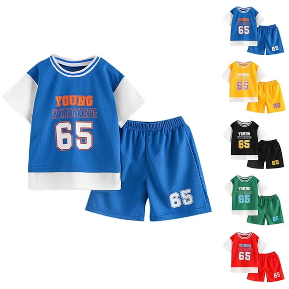 Bovxnpu Boys Girls Summer Outfits, Boys Athletic Shorts Set 2 Piece Activewear Clothing Set, Children's Short Sleeved Round Neck Fake Two-Piece Set, Drying Casual Sports Two-Piece Set 3-4 Years