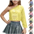 thumbnail image 1 of Bovxnpu Boys Girls Tops Long Sleeve Tees, Children's Performance Costume Sequin Sloping Shoulder T-shirt With Exposed Waist And Navel Shoulder 6-7 Years, 1 of 5