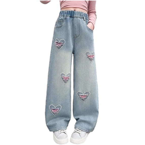 Bovxnpu Boys Wide Leg Capris Pants Girls Heart Print Denim Pants Elastic Waist Wide Leg Pants Pants
