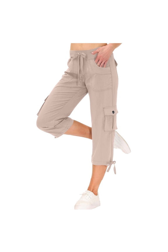 Cargo Capris Pants for Women Hiking Pants Womens Cargo Pants 7/8 Length Cuffed Ankle Drawstring Waist With Pockets Pull On Casual Trousers Soft Comfy