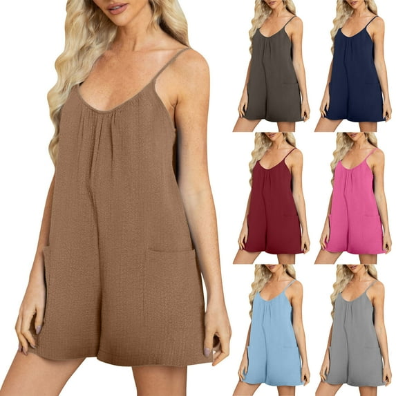 Bovxnpu Casual Shorts for Women,Women's Summer Casual Breathable Comfort Sports Solid Color Suspender Romper Jumpsuit Romper Shorts
