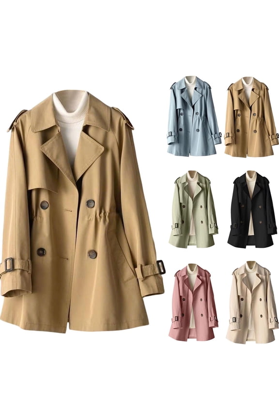 Classic Trench Coats for Women Fall Winter Coat Casual Jacket Outerwear Women's Solid Color Long Sleeve Collared Button Waist Cinched Trench Coat Outerwear