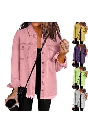 Denim Jacket for Women, Oversized Button Down Casual Jean Shacket Jackets Long Sleeve Frayed Hem Western Trendy XXL