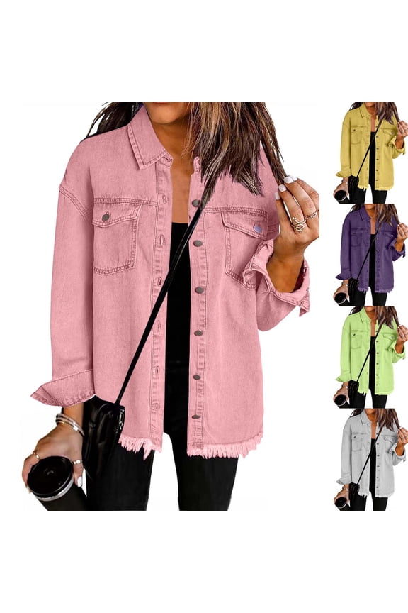 Denim Jacket for Women, Oversized Button Down Casual Jean Shacket Jackets Long Sleeve Frayed Hem Western Trendy XXL