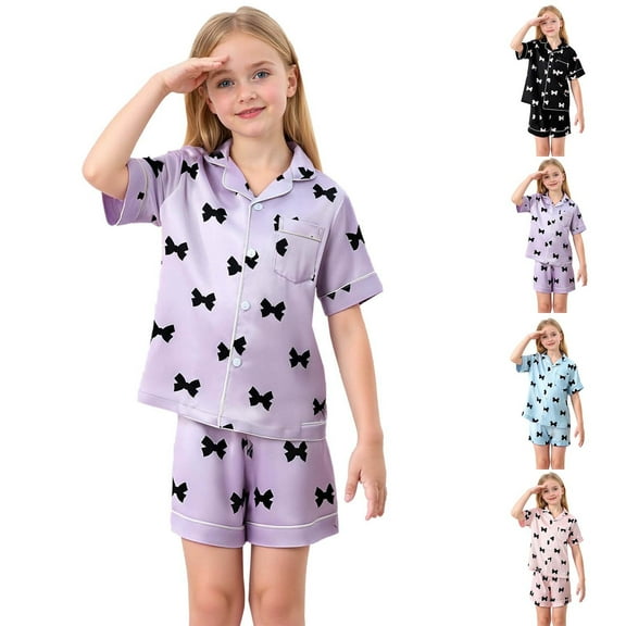 Bovxnpu Fall Winter Boys Girls Pajamas Set, Girls Pajamas Silk Pjs Set Satin Sleepwear Short Sleeve Jammies for Kids Button-Down Nightwear