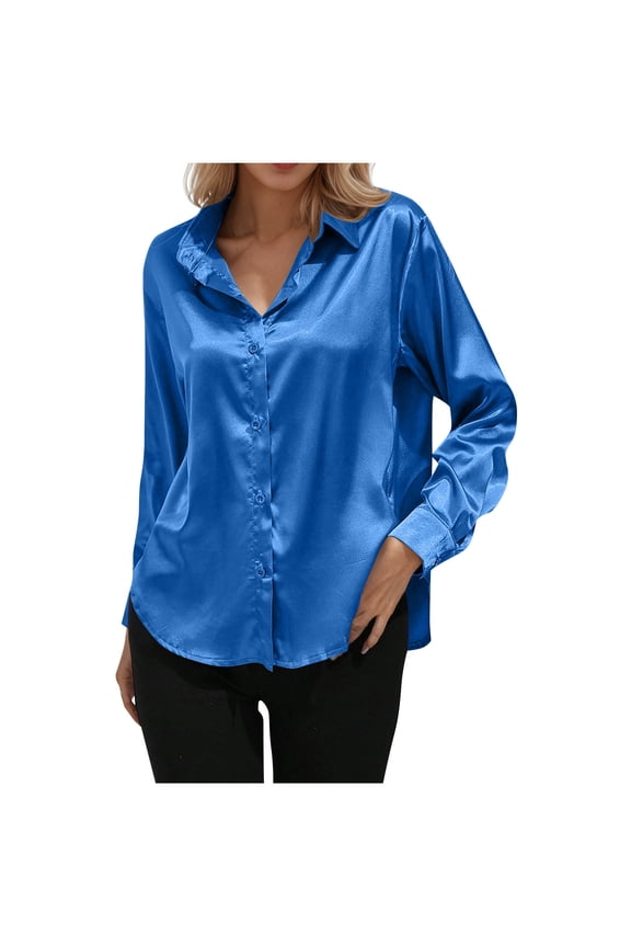 Fall Winter Plus Size Tops for Women, Womens Soft Satin Silk Button Down Shirts for Women Silk Long Sleeve Work Shirt Dress Blouses Tops