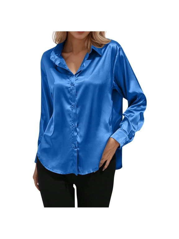 Fall Winter Plus Size Tops for Women, Womens Soft Satin Silk Button Down Shirts for Women Silk Long Sleeve Work Shirt Dress Blouses Tops