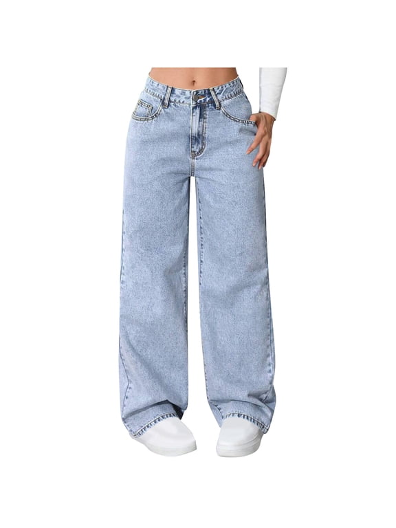 Fall Womens Pants Plus Size, Women's Baggy Wide Leg Jeans High Waisted Stretchy Straight Leg Pants Loose Trendy Denim Pants L