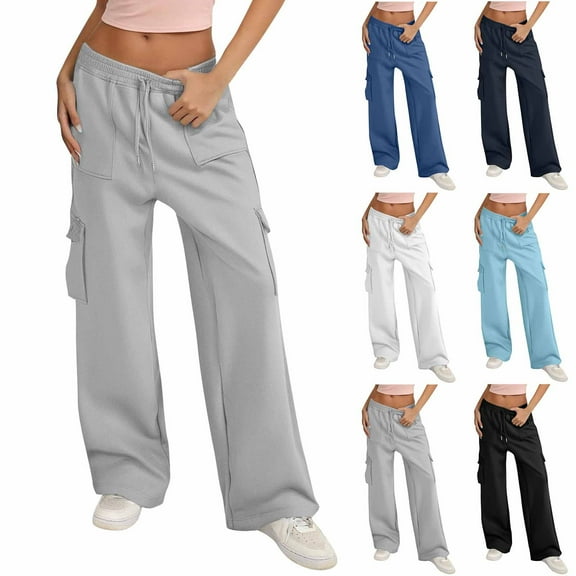 Bovxnpu Fall Womens Pants Plus Size, Womens Sweatpants Baggy Wide Fleece Lined Straight Leg Pants Drawstring Casual Sports Pants With Pocket XXL