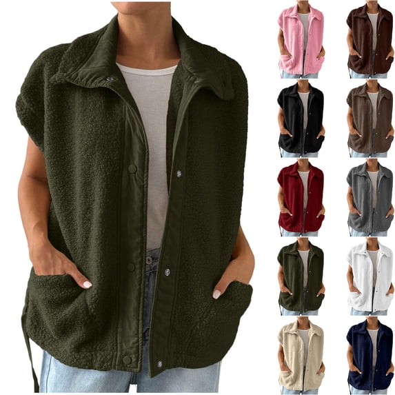 Bovxnpu Fleece Vest for Women Warm Sleeveless Vests Jacket Lightweight Zip Coats with Pockets Fall Outerwear Women's V - Neck Fleece Vest Loose Short Jacket Outerwear