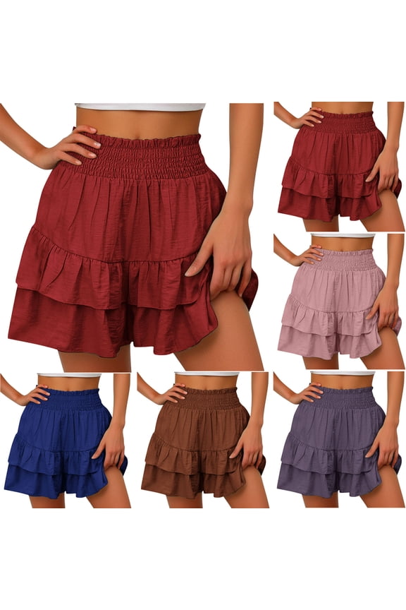 Flowy Shorts for Women Casual Boho Ruffle Tiered Skorts High Waist Mini Skirts Golf Tennis Shorts Women's Summer High Waisted Shorts With Floral Pleated Hem Casual Shorts