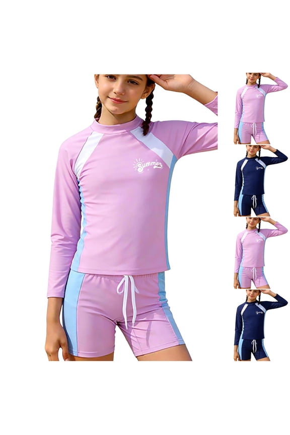 Girls' 2 Piece Swimwear Sets Unisex 2-piece Long Sleeve Solid Conservative Surf Split SwimSuits For Students Swimwear (Girl's or Girl's Plus)