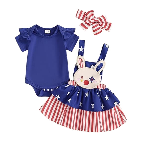 Bovxnpu Girls Boys Outfits Set Kids Short Sleeve Crewneck Romper Print Suspender Skirt 3Pc with Headband Set