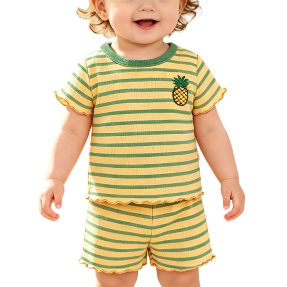Bovxnpu Girls Boys Outfits Set Toddler Summer Set Print Stripe Ruffle Short Sleeve T-shirt Shorts 2 Piece Set