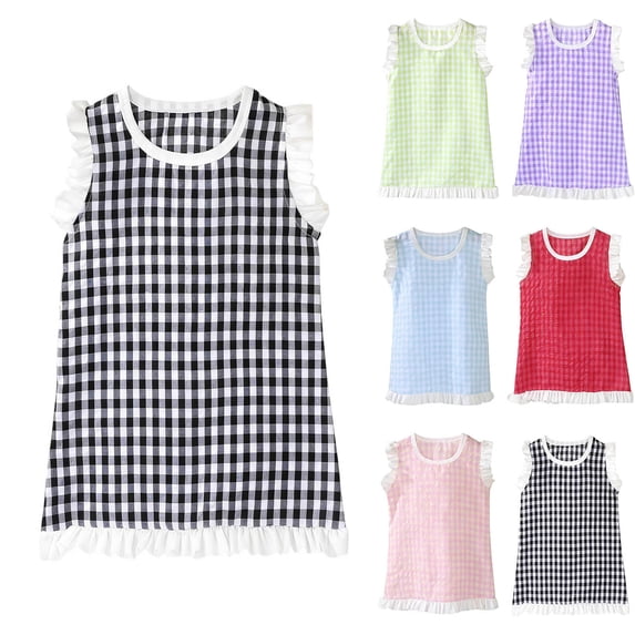 Bovxnpu Girls Dresses Summer Outfits Plaid Sleeveless Sundress Ruffled Collar Sweet Wear Sundress