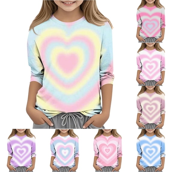 Bovxnpu Girls Long Sleeve T Shirts Pullover Undershirts Valentines Day Heart Graphic 3/4 Sleeve Tshirt For Kids Tees