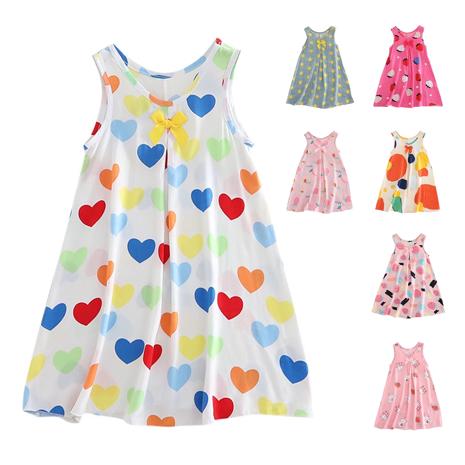 Girls' Nightgown, Girls Cotton Casual Dress Sleepwear Pajamas, Summer Sleeveless Round Neck Printed Bow Sleeping Skirt Loose And Comfortable Sleeping Skirt Air Conditioning Dress 11 Years