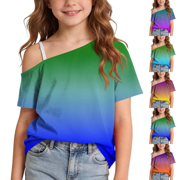 Bovxnpu Girls Off Shoulder Short Sleeve T Shirts Kids Summer Tops Girls T Shirt One Shoulder Graphic Short Sleeve Light Summer Crewneck Tops