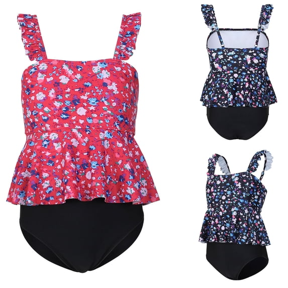 Bovxnpu Girls One Piece Swimsuit Girls Solid Ruffled Three-Piece Separates Set with Swimwear (Girl's or Girl's Plus)