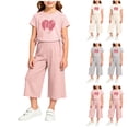 thumbnail image 1 of Bovxnpu Girls Outfits Set Girls Summer Outfit Set Lace Up Heart Print Crewneck Short Sleeve Top Elastic Waist Capris Pants Set, 1 of 7
