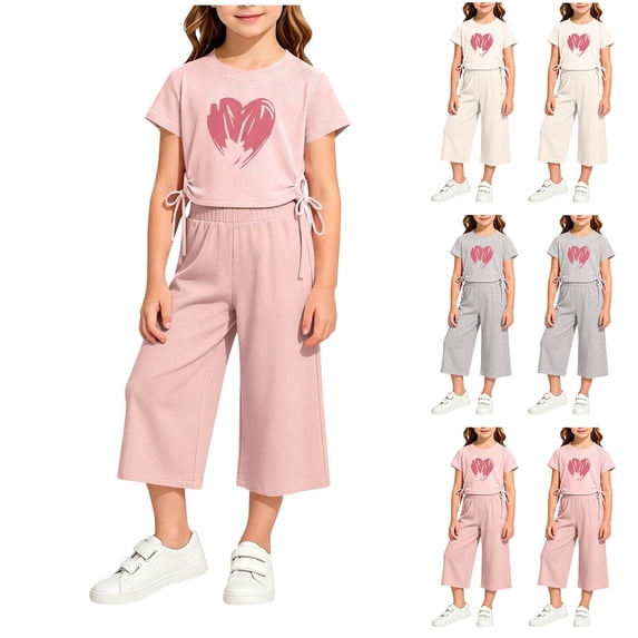 Bovxnpu Girls Outfits Set Girls Summer Outfit Set Lace Up Heart Print Crewneck Short Sleeve Top Elastic Waist Capris Pants Set