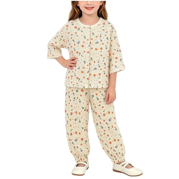 Bovxnpu Girls Outfits Set Girls Toddler Kids Summer Print Crew Neck 3/4 Sleeve Sleepwear and Pants Set