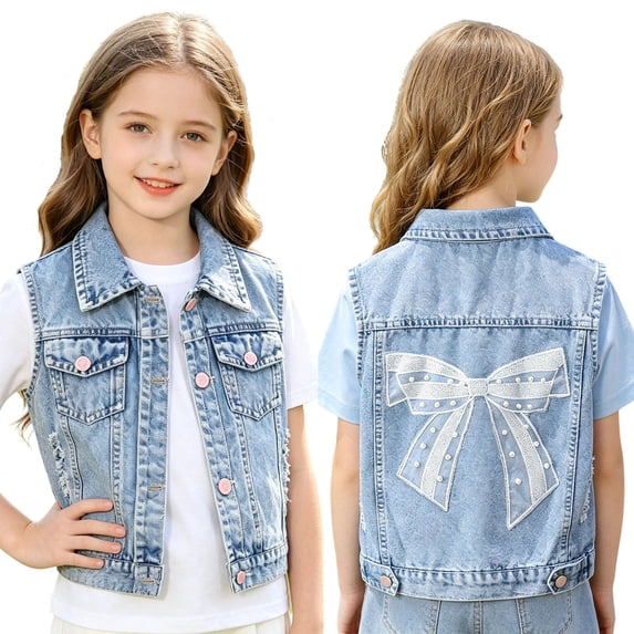 Bovxnpu Girls Outwear Jackets Denim Sleeveless Vests Jacket With Bow Pockets Casual Outfits