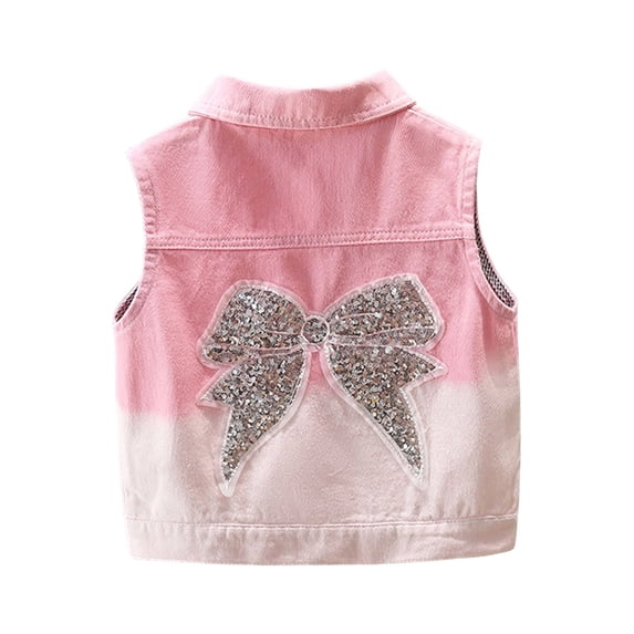Bovxnpu Girls Outwear Jackets Denim Sleeveless Vests With Sequin Bow Lace Pockets Outfits