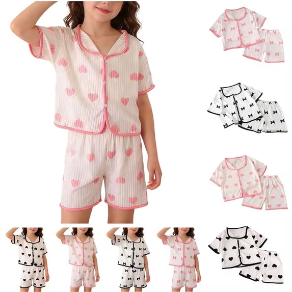 Bovxnpu Girls' Pajama Sets 2 Piece Lounge Sets Girls Loungewear Sets Short Sleeve Turn Down Collar Ice Silk Graphic Pajama Sets Summer 2 Piece Outfits