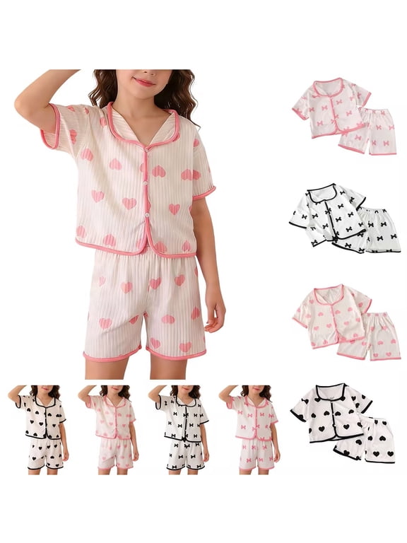 Girls' Pajama Sets 2 Piece Lounge Sets Girls Loungewear Sets Short Sleeve Turn Down Collar Ice Silk Graphic Pajama Sets Summer 2 Piece Outfits
